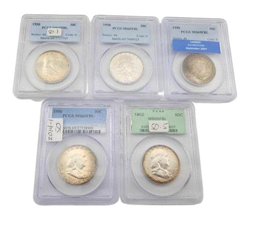 5x 1950 MS65FBL Franklin Half Dollars (1 of 12)