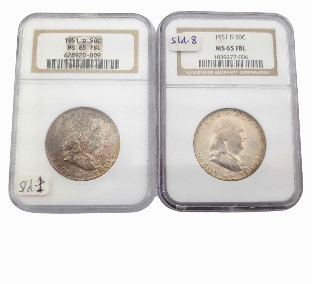 2x 1951-D MS65FBL Franklin Half Dollars (1 of 6)