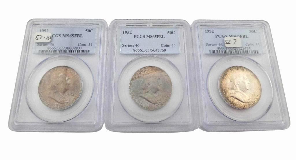 3x 1952 MS65FBL Franklin Half Dollars: Year(s) & Grade(s): 1952 MS65 Full Bell Lines (3x); all PCGS Origin: United States Denomination(s): Half Dollars Fineness: .900 Metal Content: ASW 0.3617 ozt. each Notes: All with heavy toning as 