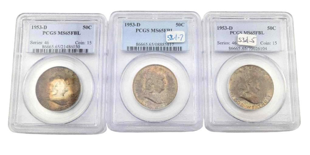 3x 1953-D MS65FBL Franklin Half Dollars: Year(s) & Grade(s): 1953-D MS65 Full Bell Lines (3x); all PCGS Origin: United States Denomination(s): Half Dollars Fineness: .900 Metal Content: ASW 0.3617 ozt. each Notes: All choice examples wit