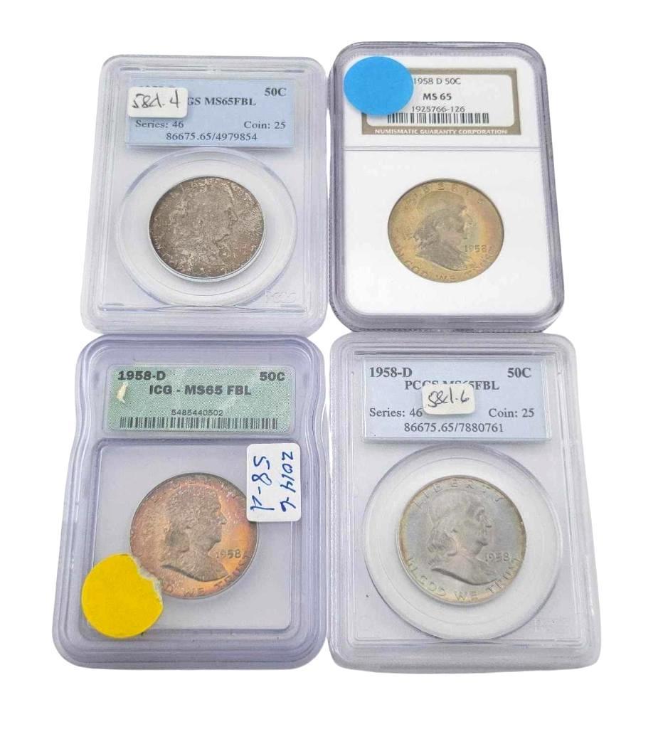 4x 1958-D MS65FBL Franklin Half Dollars: Year(s) & Grade(s): 1958-D Full Bell Lines (4x); two PCGS, one ICG, one NGC Origin: United States Denomination(s): Half Dollars Fineness: .900 Metal Content: ASW 0.3617 ozt. each Notes: A very fin
