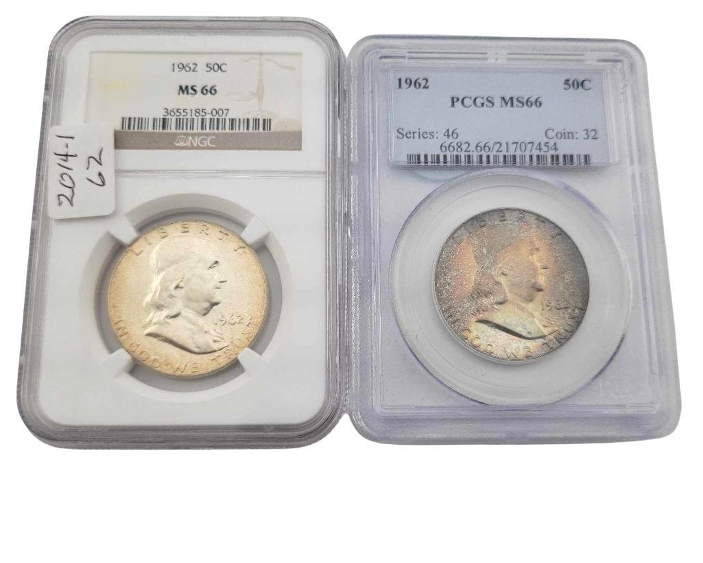2x 1962 MS66 Franklin Half Dollars: Year(s) & Grade(s): 1966 MS66 (2x); One each PCGS & NGC Origin: United States Denomination(s): Half Dollars Fineness: .900 Metal Content: ASW 0.3617 ozt. each Notes: Both with toning, the PCGS