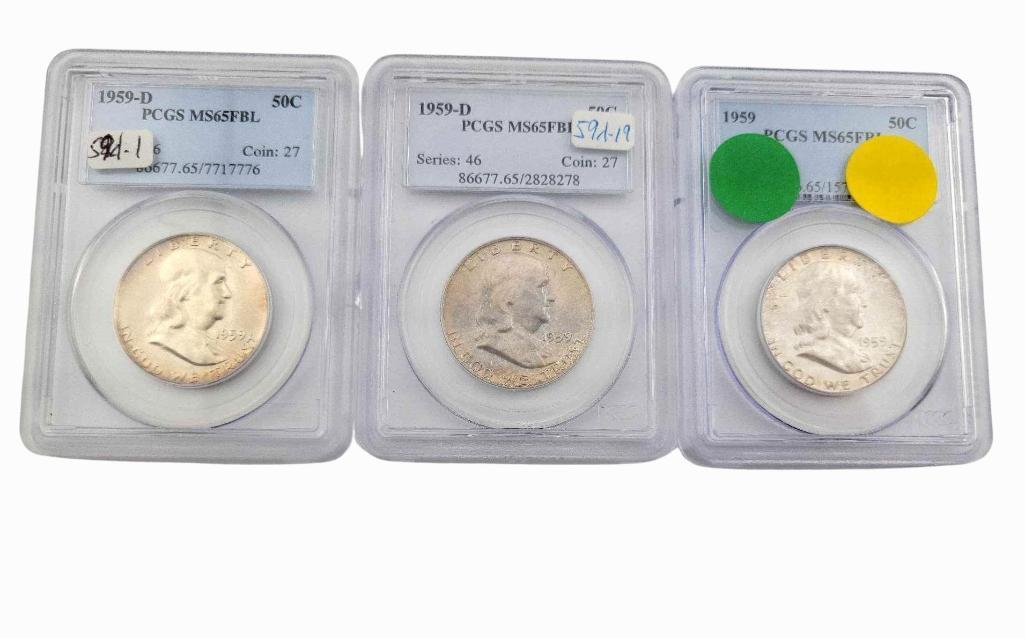 3x 1959-D MS65FBL Franklin Half Dollars (1 of 8)