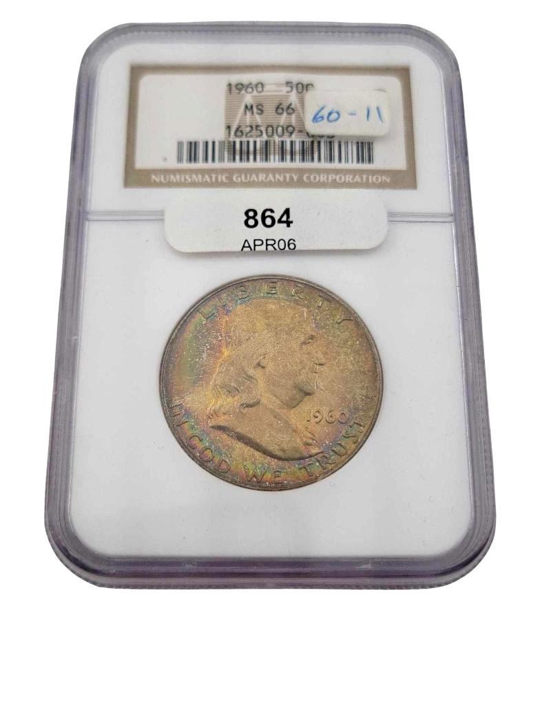1960 MS66 Franklin Half Dollar: Year(s) & Grade(s): 1966 MS66 Origin: United States Denomination(s): Half Dollars Fineness: .900 Metal Content: ASW 0.3617 ozt. each Notes: With rainbow obverse toning and mottled reverse toning P