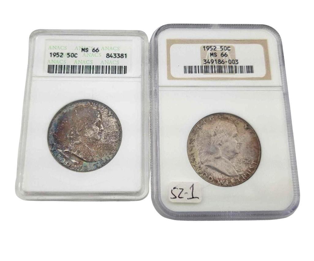 2x 1952 MS66 Franklin Half Dollars: Year(s) & Grade(s): 1952 MS66 (2x); one each NGC & ANACS Origin: United States Denomination(s): Half Dollars Fineness: .900 Metal Content: ASW 0.3617 ozt. each Notes: Both with heavy toning, t