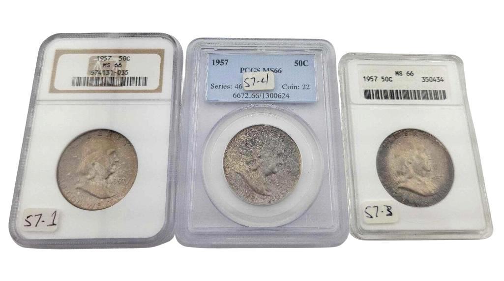 3x 1957 MS66 Franklin Half Dollars: Year(s) & Grade(s): 1957 MS66 (3x); one each of PCGS, NGC & ANACS Origin: United States Denomination(s): Half Dollars Fineness: .900 Metal Content: ASW 0.3617 ozt. each Notes: All with toning 