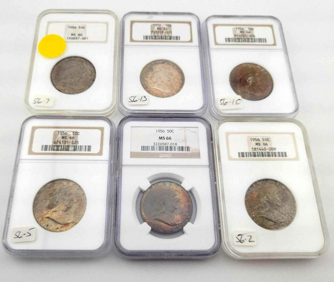 6x 1956 MS66 Franklin Half Dollars: Year(s) & Grade(s): 1956 MS66 (6x); all NGC graded Origin: United States Denomination(s): Half Dollars Fineness: .900 Metal Content: ASW 0.3617 ozt. each Notes: An exceptional grouping, all with h