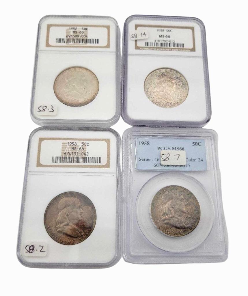 4x 1958 MS66 Franklin Half Dollars: Year(s) & Grade(s): 1958 MS66 (4x); three NGC, one PCGS Origin: United States Denomination(s): Half Dollars Fineness: .900 Metal Content: ASW 0.3617 ozt. each Notes: All with toning PCGS Price Gui