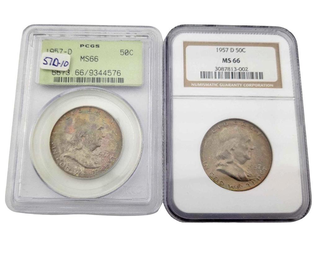 2x 1957-D MS66 Franklin Half Dollars: Year(s) & Grade(s): 1957-D MS66 (2x); one each PCGS & NGC Origin: United States Denomination(s): Half Dollars Fineness: .900 Metal Content: ASW 0.3617 ozt. each Notes: Both with exceptional to