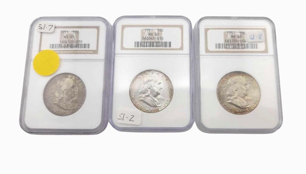 3x 1951 MS65 Franklin Half Dollars (1 of 8)