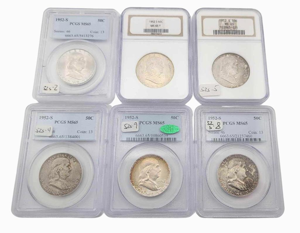 6x 1952-S MS65 Franklin Half Dollars (1 of 14)