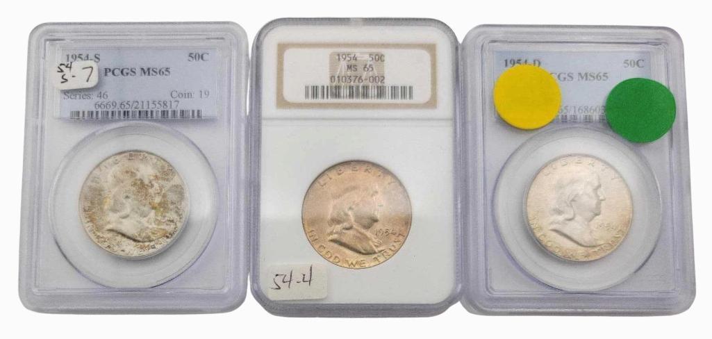 1954 P-D-S MS65 Franklin Half Dollars: Year(s) & Grade(s): 1954 P-D-S (one each); all MS65, two PCGS, one NGC Origin: United States Denomination(s): Half Dollars Fineness: .900 Metal Content: ASW 0.3617 ozt. each Notes: A choice lot, t