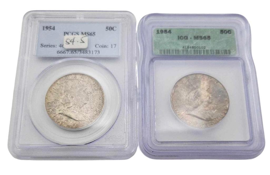 2x 1954 MS65 Half Dollars: Year(s) & Grade(s): 1954 MS65 (2x); one each PCGS & ICG Origin: United States Denomination(s): Half Dollars Fineness: .900 Metal Content: ASW 0.3617 ozt. each Notes: Both with toning, the ICG 