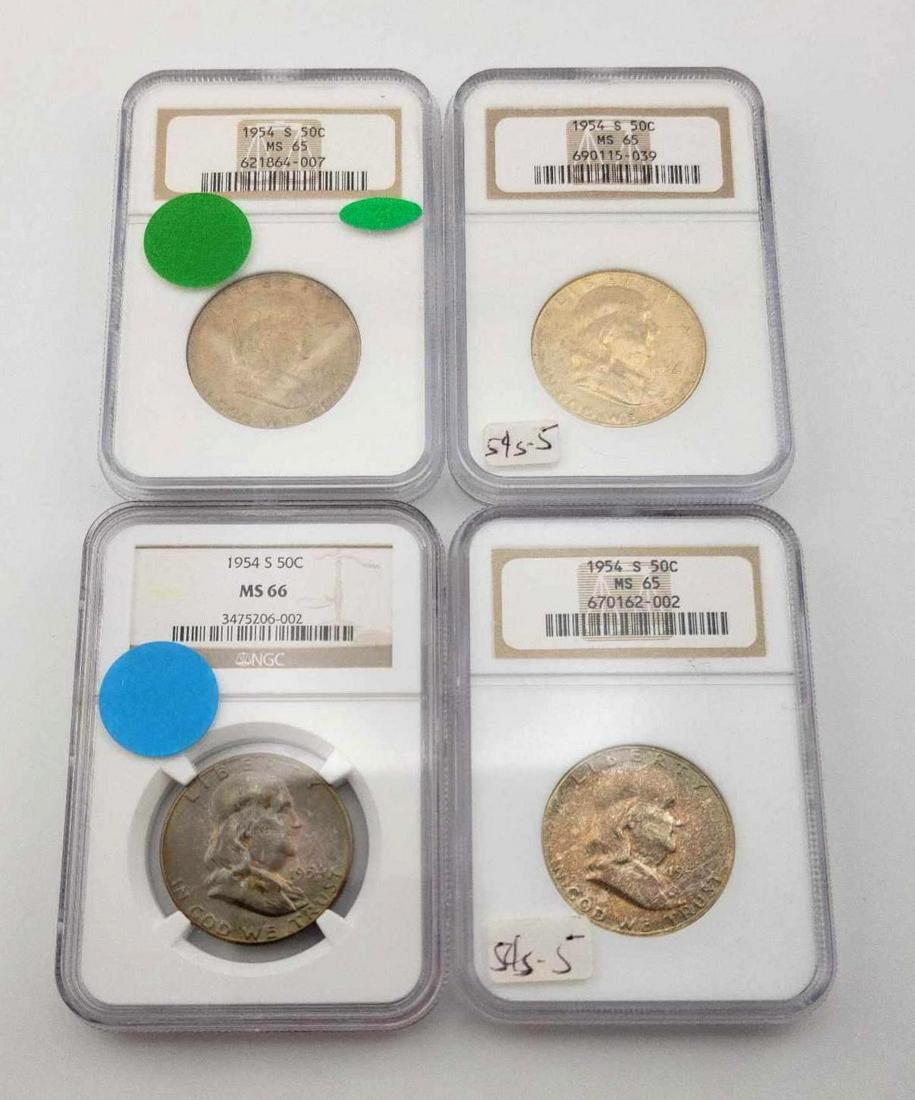 4x 1954-S MS65 & MS66 Franklin Half Dollars: Year(s) & Grade(s): 1954-S MS66 (1x), 1954-S MS65 (3x); all NGC Origin: United States Denomination(s): Half Dollars Fineness: .900 Metal Content: ASW 0.3617 ozt. each Notes: All with attractive to