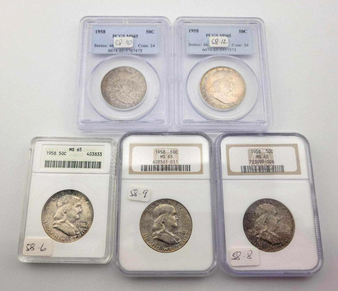 5x 1958 MS65 Franklin Half Dollars (1 of 12)