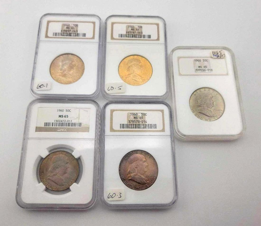 5x 1960 MS65 Franklin Half Dollars: Year(s) & Grade(s): 1960 MS65 (5x); all NGC Origin: United States Denomination(s): Half Dollars Fineness: .900 Metal Content: ASW 0.3617 ozt. each Notes: All with attractive toning as photographed