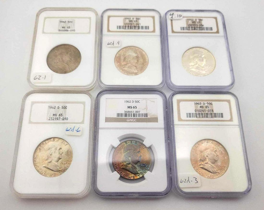 7x 1962-D & 1962 MS65 Franklin Half Dollars: Year(s) & Grade(s): 1962-D (6x), 1962 (1x); all NGC Origin: United States Denomination(s): Half Dollars Fineness: .900 Metal Content: ASW 0.3617 ozt. each Notes: An attractive grouping with one mo