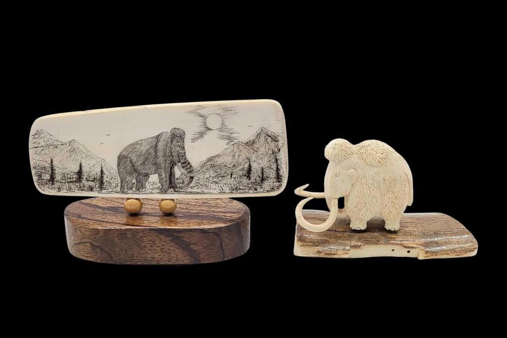 Mammoth Tusk Carving & Scrimshaw Panel: Two fine objects constructed from woolly mammoth tusk to include a full-bodied mammoth with elaborate detailing mounted to a polished base of the same material, plus a scrimshaw panel depicting a prom