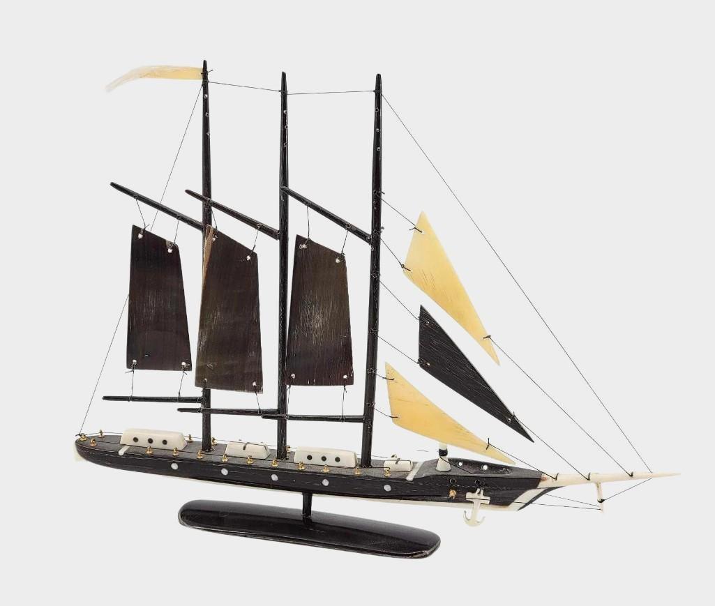 Al Kaloke Baleen & Walrus Tusk Three-Mast Tall Ship Scu: An exquisite three-mast tall ship sculpture constructed from polished baleen with walrus tusk and white baleen accents by the late Nome born Alaska Native carver Alfred (Al) Kaloke (1951-2014). Measur
