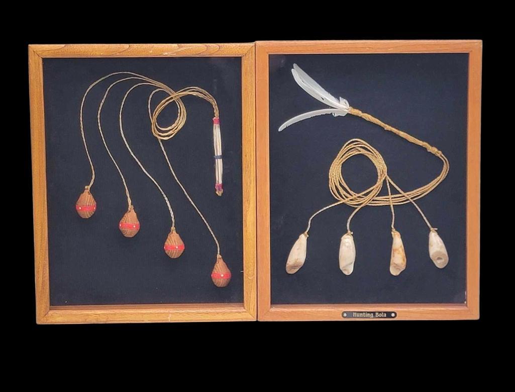 Aleut Hunting Bola Displays - Peter Lind, Jr.: Two fine contemporary Aleut hunting bola displays, one intended for use on land, the other for hunts on water. Made by the Alaskan artist of Aleut/Alutiiq descent Peter Lind Jr. (b.1964). Each box mea
