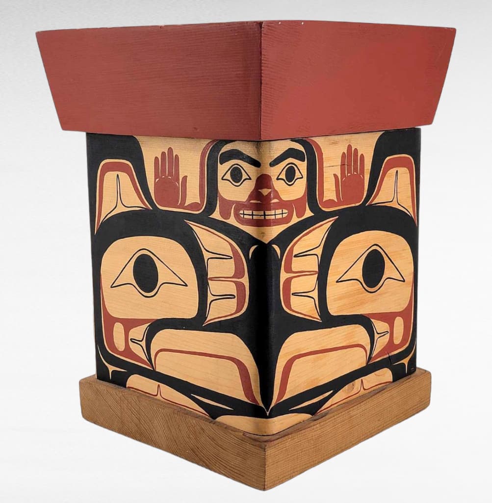 Northwest Coast Formline Painted Bentwood Cedar Box: A striking contemporary formline paint decorated cedar bentwood box, Northwest Coast, likely Salish. Measures approximatelyÂ 9" square x 12" tall.