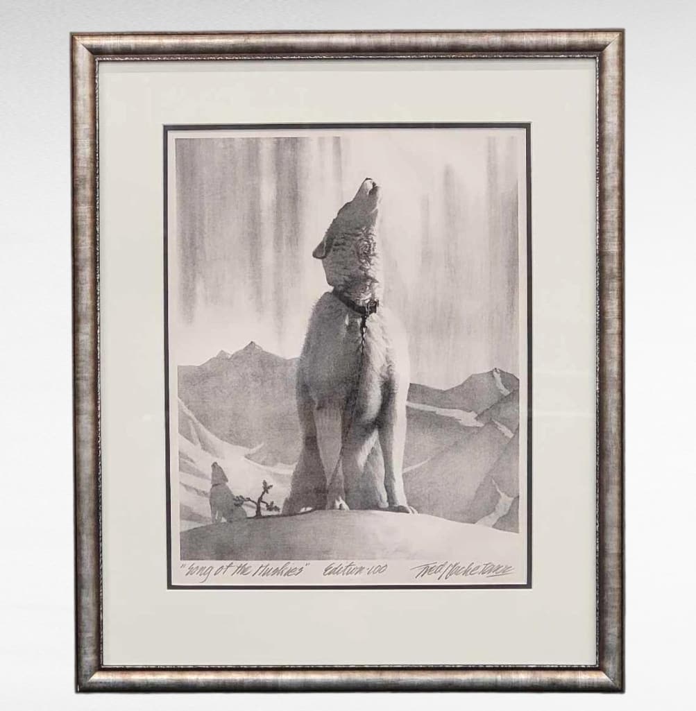 Fred Machetanz "Song of the Huskies" Stone Lithograph: A stone lithograph c.1967 by the late Alaskan artist, Fred Machetanz (1908-2002) entitled 'Song of the Huskies'. The work depicts Seegoo, the artist's own Malemute leader, staked out for t