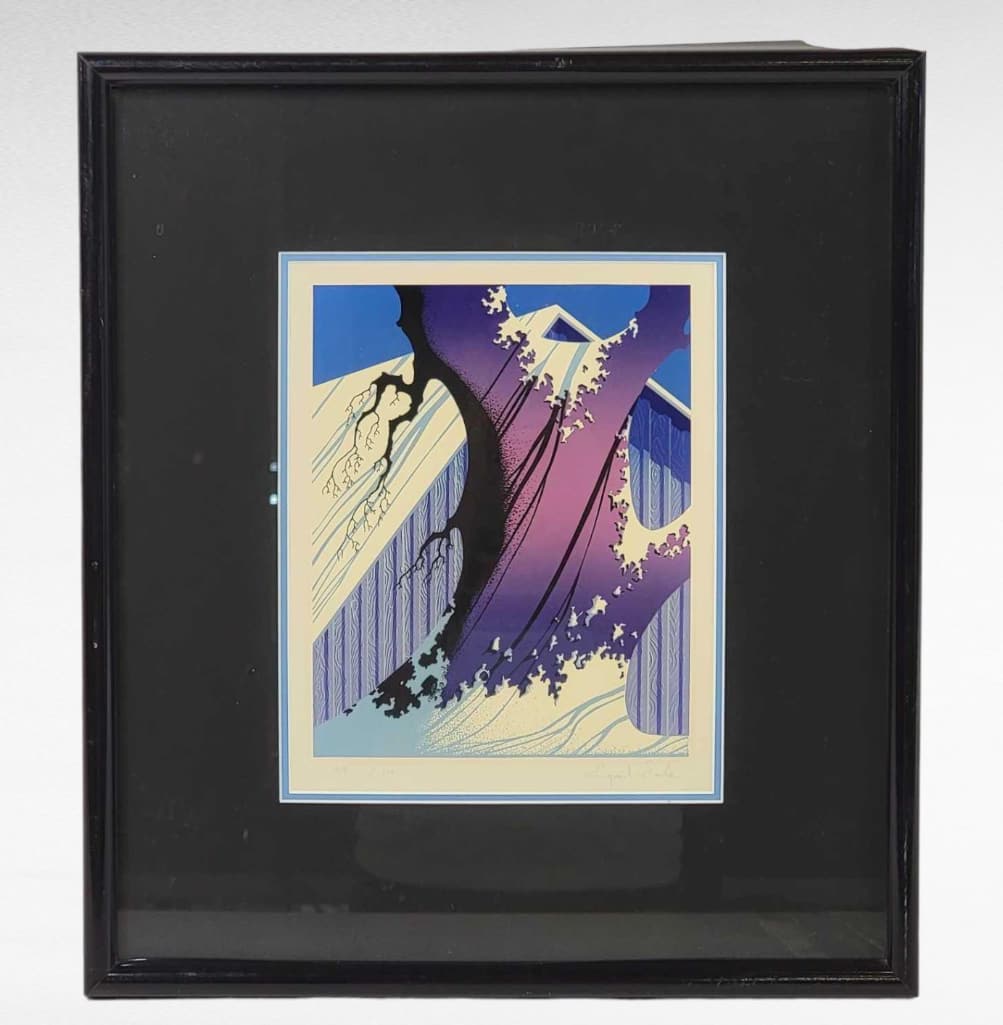 Eyvind Earle "Mauve Barn" Serigraph: A signedÂ serigraph by the late Eyvind Earle (American, 1916-2000), an acclaimed artist and background painter for Walt Disney films. The work is entitled "Mauve Barn" and depicts a bright s