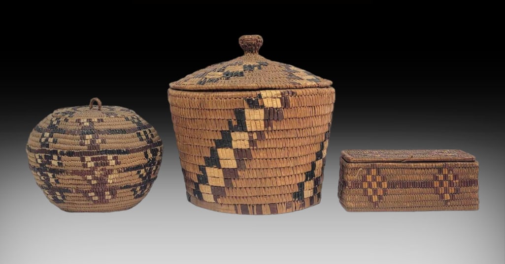 NWC Salish Lidded Cedar & Cherry Bark Baskets: Three lovely examples of Pacific Northwest Coast Salish baskets includes two coiled cedar and cherry bark baskets, one with flat lid with finger loop lid, and one with domed like with finial knob. Als