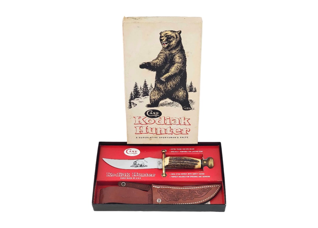Case XX Kodiak Hunter Sportsman's Knife w/Box: Well-balanced U.S. crafted Case XX Kodiak Hunter fixed blade with Kodiak bear etched on tempered Van-Kro (compound/carbon) stainless steel and mirror-polished blade with large belly and cutting edge.