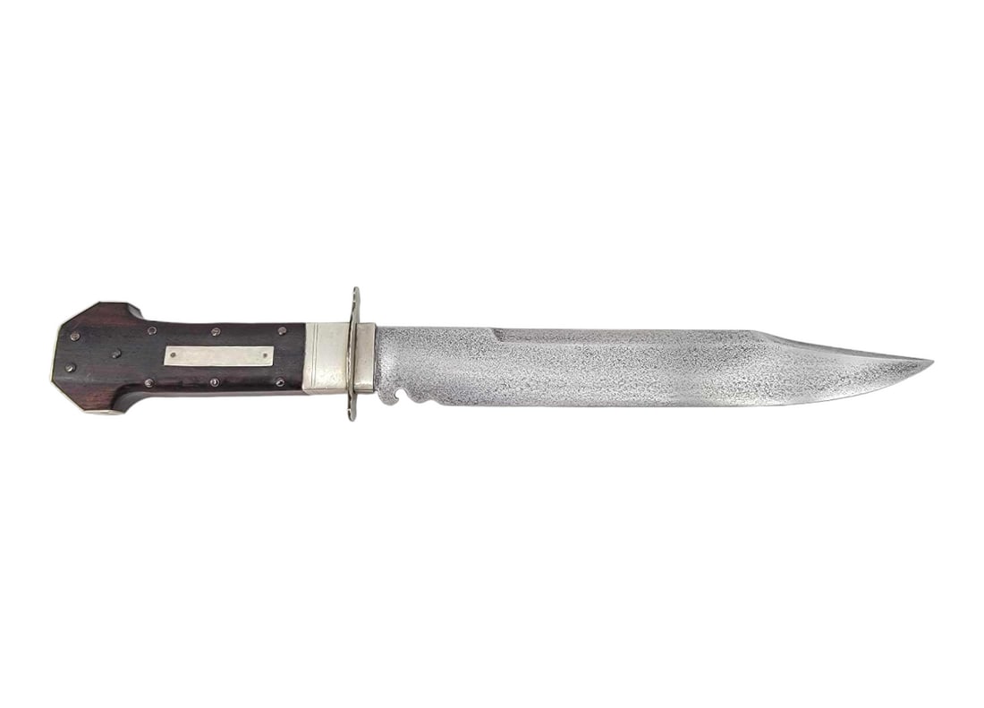 Antique "Dog Bone" Bowie Knife: A fixed-blade Bowie knife with hidden tang, likely Sheffield circa 1900~. It features a “dog bone” handle, nine pins, plaque possibly for engraving and prominent butt with capped metal encasin