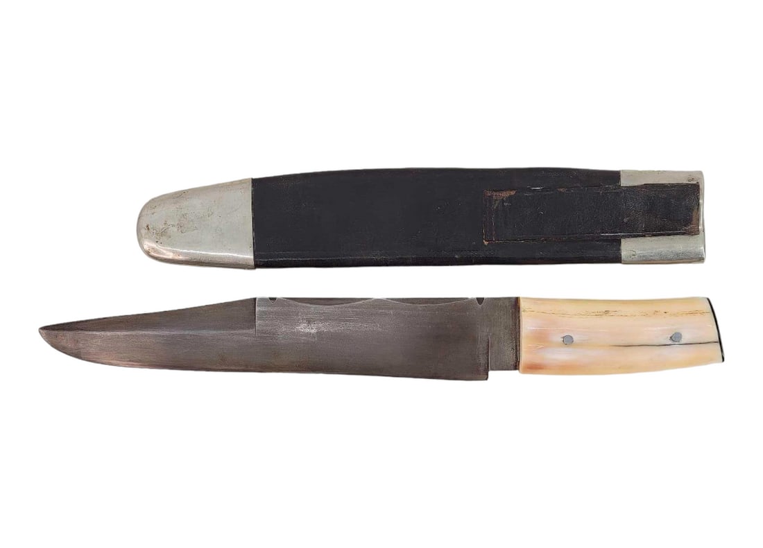 Massive Custom Bowie Knife w/Walrus Tusk Handle: A very large vintage Bowie knife featuring a hidden tang, uniquely faceted spine, and a squat walrus tusk handle. No maker's mark is readily visible, and it shows a few minor imperfections includi