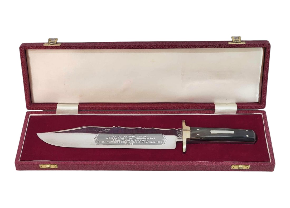 George Wostenholm Commemorative Bowie Knife w/Case - Last 100 Made: A beautiful limited edition fixed blade Bowie knife marked for George Wostenholm & Son in Sheffield, England on the flat of the blade and "I*XL" on the left side of the ricasso. Numbered 8