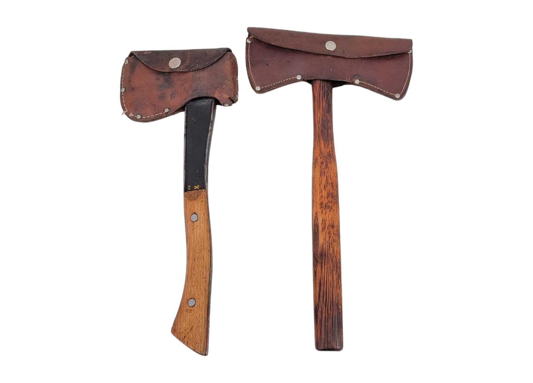 Sheldon Wells Belt Ax & Bridgeport Hatchet: A spiked belt ax by Sheldon Wells with tapered straight haft and company name with Kinzua (PA) location partially visible on the blade, plus a Bridgeport hatchet, possibly designed for Boy Scouts of A