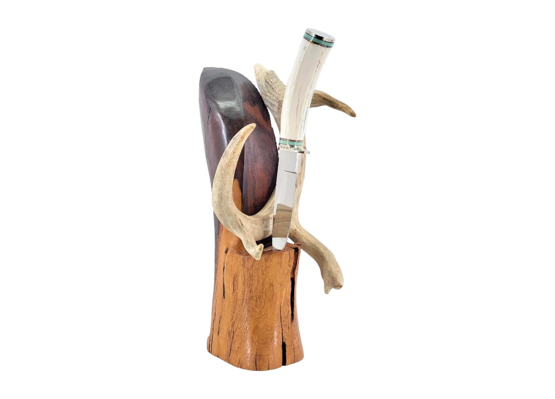 Continental Divide Knives Knife w/Display - John E. Toner & Gregory Naff: Continental Divide Knives custom wood and antler display by Arizona founder John E. Toner, and Gregory Naff featuring an eagle head carved antler, and mirror polished drop point knife with engraved G 