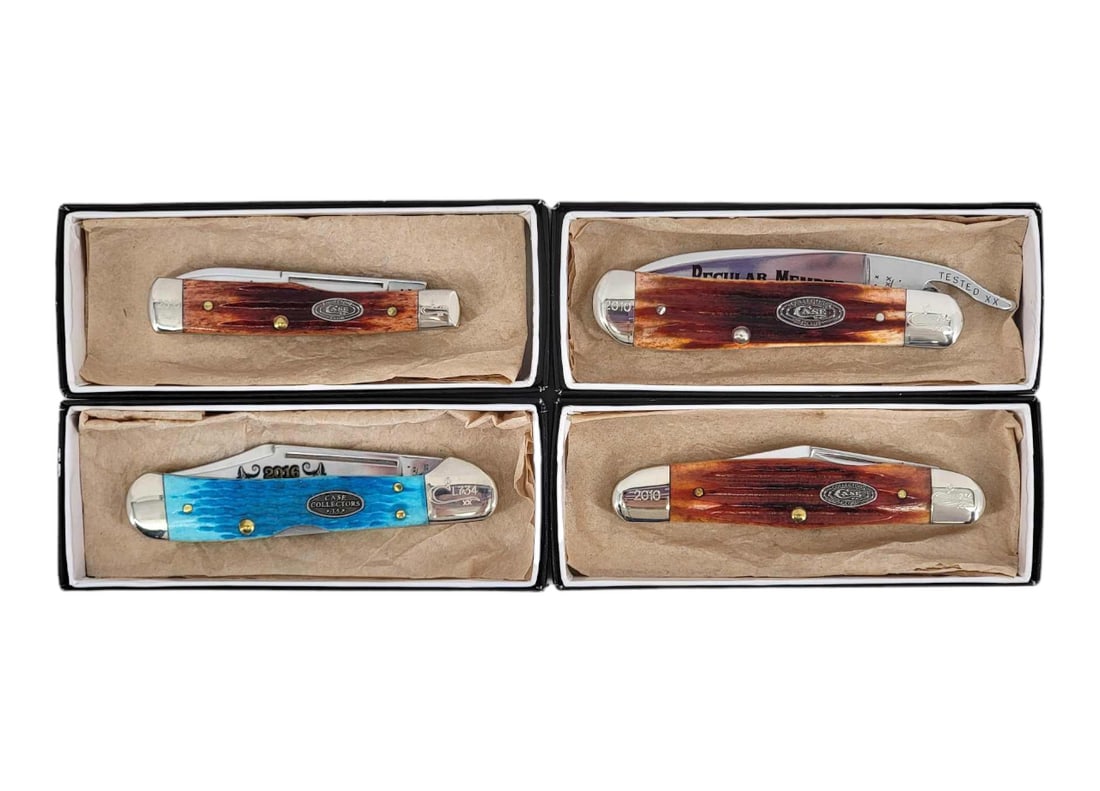 Case XX Collector's Club Members Only Folding Blade Pocket Knives: Four Case XX Collector's Edition folding blade pocket knives sold exclusively to club members. Models include a 2016 Junior Members Rogers Corn Cob Jigged Caribbean Blue Bone Mini CopperLock (6174