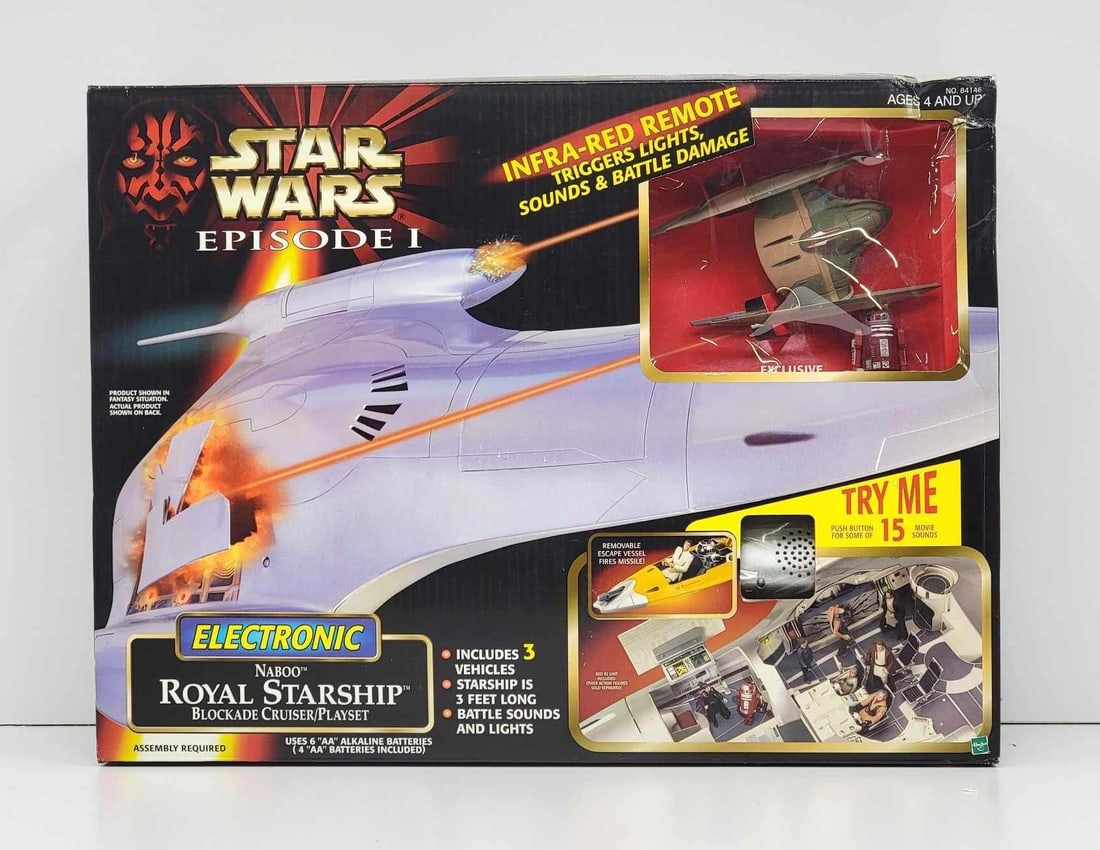 Star Wars: Episode I Electronic Naboo Royal Starship Blockade Cruiser- Hasbro 1999: An original Star Wars: Episode I Electronic Naboo Royal Starship Blockade Cruiser playset produced by Hasbro c.1999. The action toy is housed within the original packaging in new condition, box having