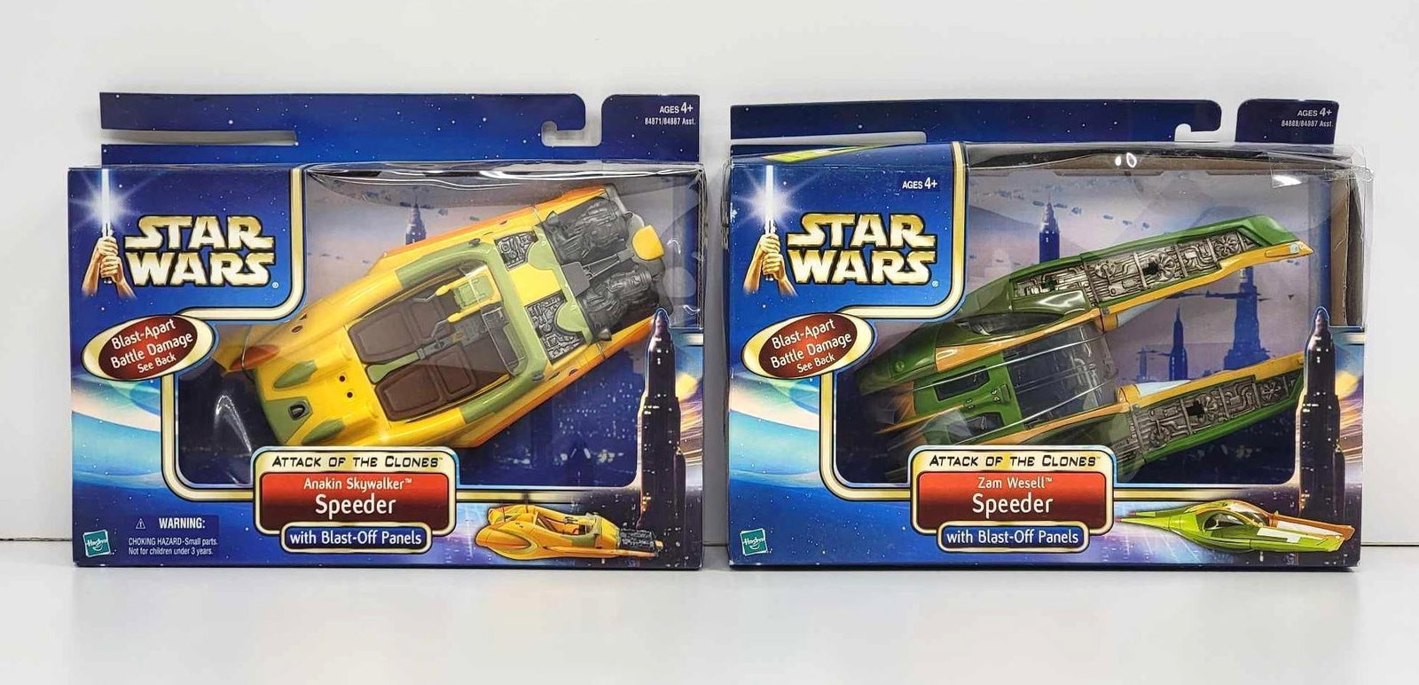 Star Wars: Attack of the Clones Anakin Skywalker & Zam Wesell Speeders - Hasbro 2002: Two original Star Wars: Attack of the Clones action toys includes Anakin Skywalker Speeder and Zam Wesell Speeder, both produced by Hasbro c.2002. The action toys are housed within their original pack