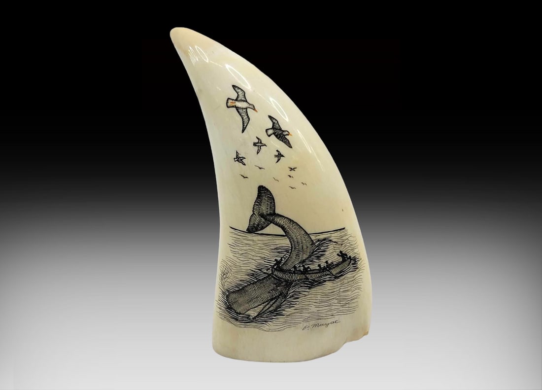 Scrimshaw Whale Tooth W/ Dual Designs - Peter Mayac Auction