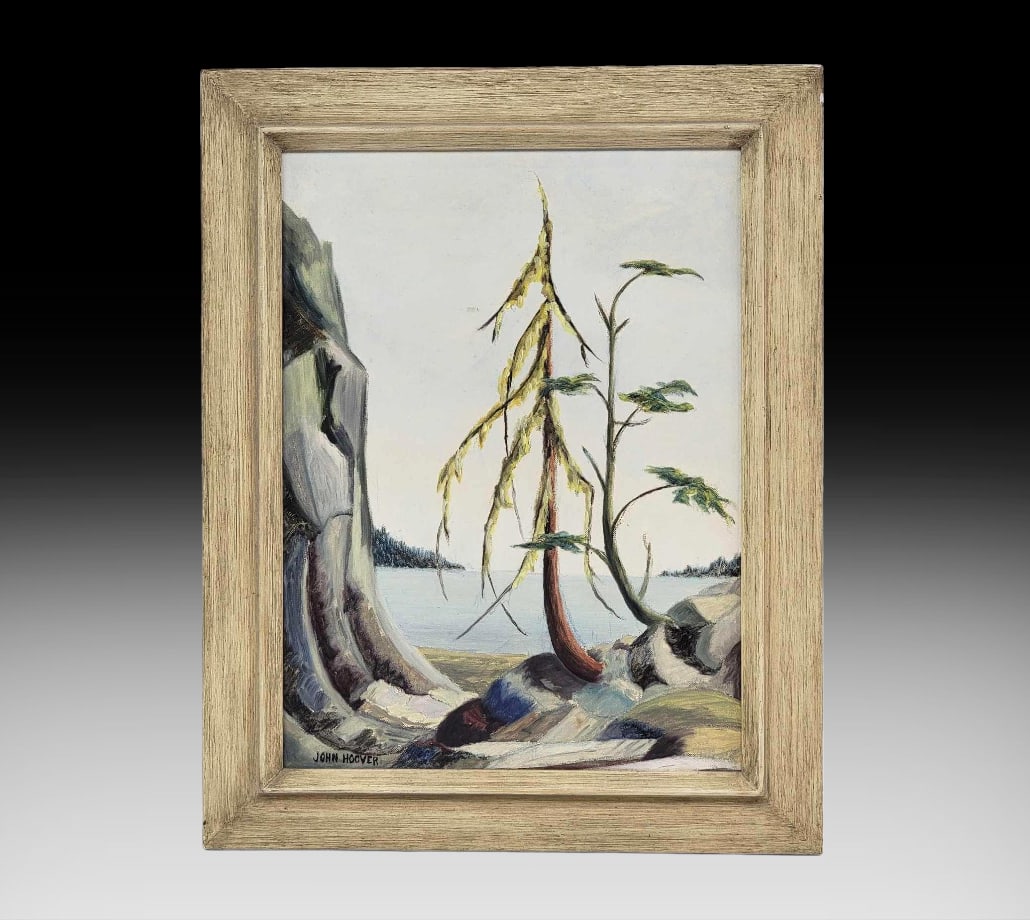 John Hoover Original Beachscape Painting: An original landscape painting by the late Aleut artist John Hoover (1919-2011). The work depicts two solitary trees demonstrating the scientific principal of negative geotropism as their trunks exit 
