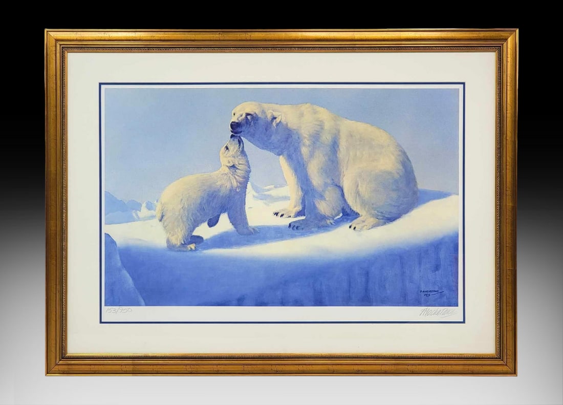 Fred Machetanz "The Tender Arctic" Print: A large format print c.1973 by the late Alaskan artist, Fred Machetanz (1908-2002) entitled 'The Tender Arctic'. The work depicts the warmth and tenderness of a young five-month old cub nuzzli
