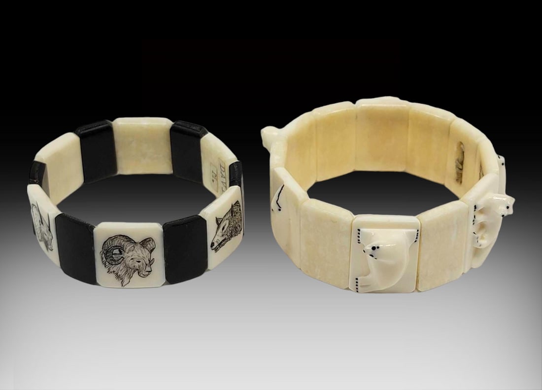 Walrus Tusk, Baleen & Scrimshaw Bracelets - Davis M. & David Soolook: Two beautiful handcrafted panel bracelets includes one with six alternating walrus tusk and six baleen tiles, the tusk tiles featuring scrimshaw Alaska wildlife to include a Dall sheep, wolf, walrus,