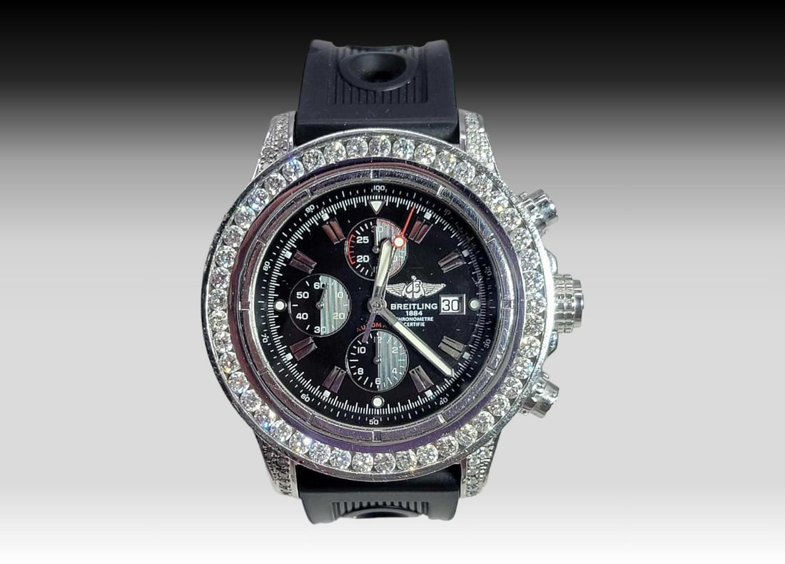 7.5 Carat Diamond Breitling Super Avenger Chronograph Watch: Breitling 7.5 carat diamond Super Avenger chronograph wristwatch, model A13370, with black dial, automatic movement, stainless steel case, and diamond set bezel featuring 254 round diamonds as follows