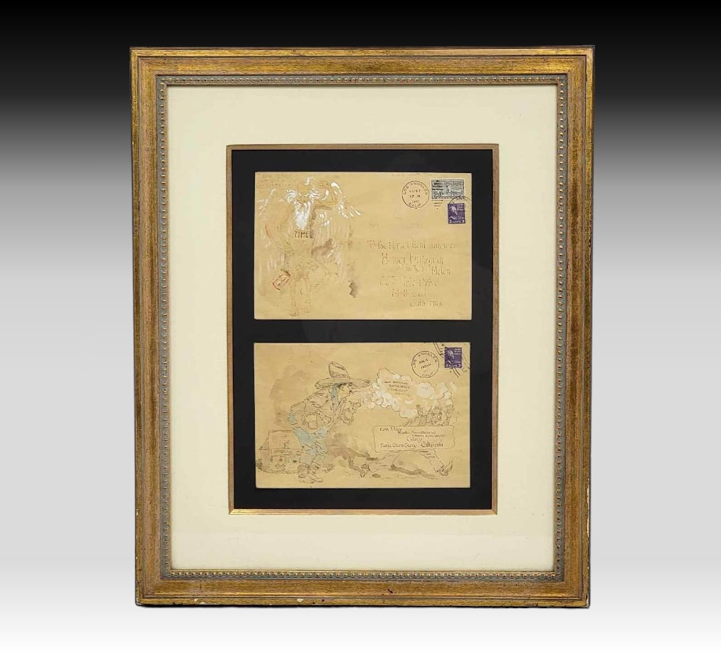 Charles Marion Russell Original Sketches -Britzman Collection: Two original pen and watercolor illustrations by the late Western artist Charles Marion Russell (1864-1926), each upon the face of an envelope or post card, hand addressed, stamped, and canceled c.194