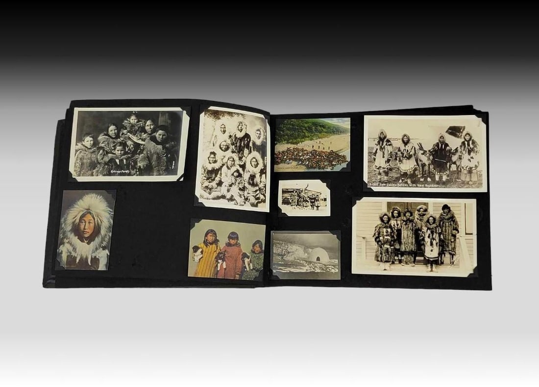 Alaska America's Last Frontier Photo Album: A handmade scrapbook entitled "Alaska: American's Last Frontier" featuring antique photographs of Alaska scenery, Alaska Native portraits, fishing and whale hunting activities, tusk and bo