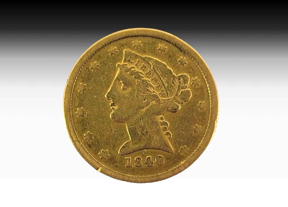 1840-O Coronet Head Gold $5.00 Coin: Variety: Coronet Head Gold $5 Coin Face Value: $5.00 Year(s)/Mint Mark(s): 1840-O Metal Content: .900 Gold, .100 Copper Graded: No, condition as photographed Note: Coin weighs 8.36 grams (0.26 troy ou
