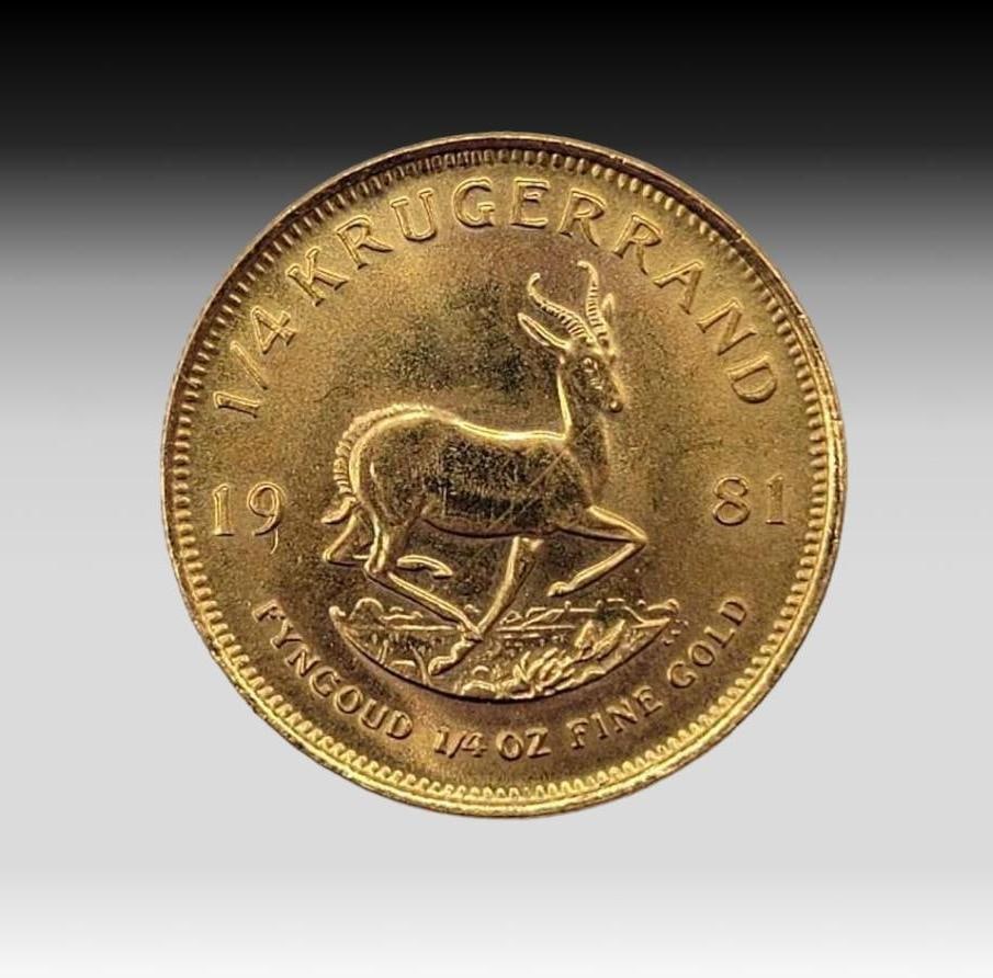 1981 South African Gold 1/4 Krugerrand Coin: Variety: 1/4 Gold Krugerrand Country: South Africa Face Value: 1/4 Krugerrand Year(s)/Mint Mark(s): 1981 Metal Content: .917 Gold Graded: No, condition as photographed Note: Coin weighs 8.49 grams (0.