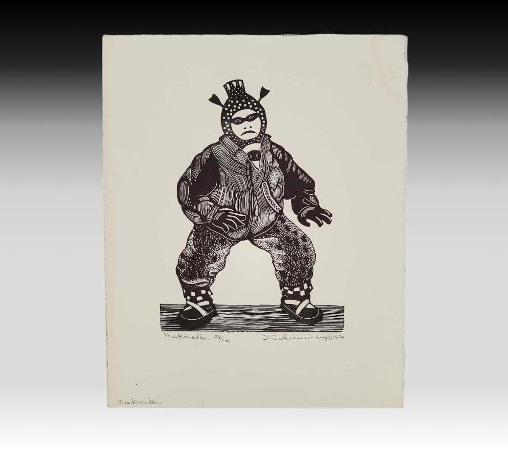 Dale De Armond "Maskmaker" Woodblock Print: A print by Alaska artist Dale De Armond (1914-2006) entitled "Maskmaker" with alternate title of "Loon Dancer". The work is a wood engraving hand-pulled by the artist on deckled paper
