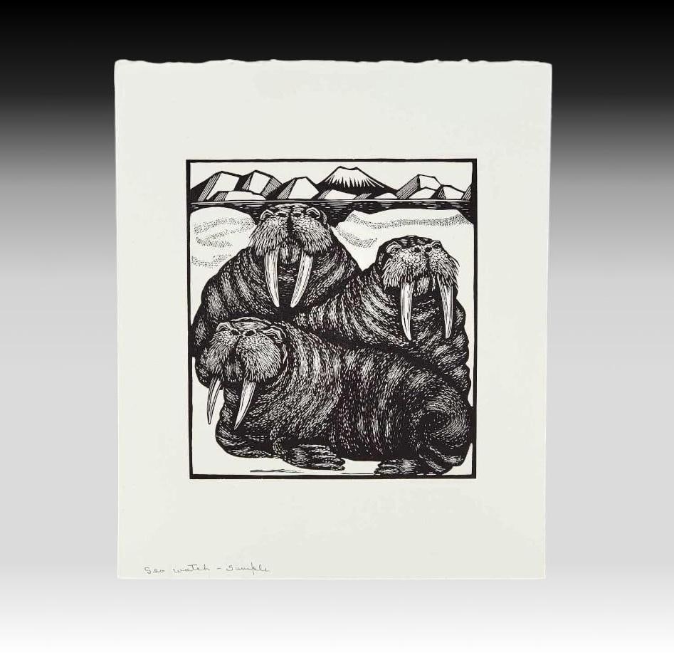 Dale De Armond "Sea Watch" Woodblock Print: A print by Alaska artist Dale De Armond (1914-2006) entitled "Sea Watch". The work is a wood engraving from an original end-grain maple block hand-pulled by the artist on deckled paper c.1989,