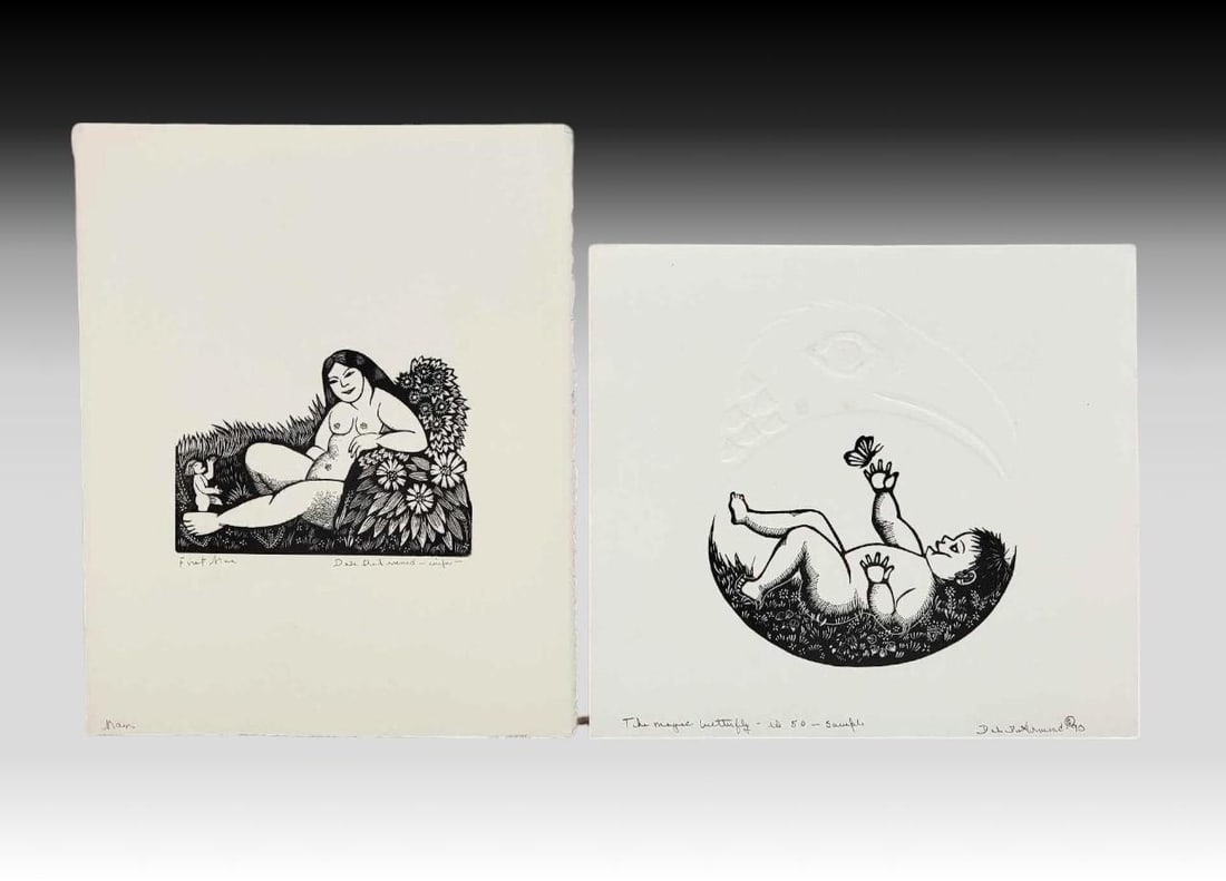 Dale De Armond "First Man" & "The Magic Butterfly" Woodblock Prints: Two prints by Alaska artist Dale De Armond (1914-2006), the larger measuring approximately 11" x 8". Detailed information on each print, including a description in the artist's words, foll