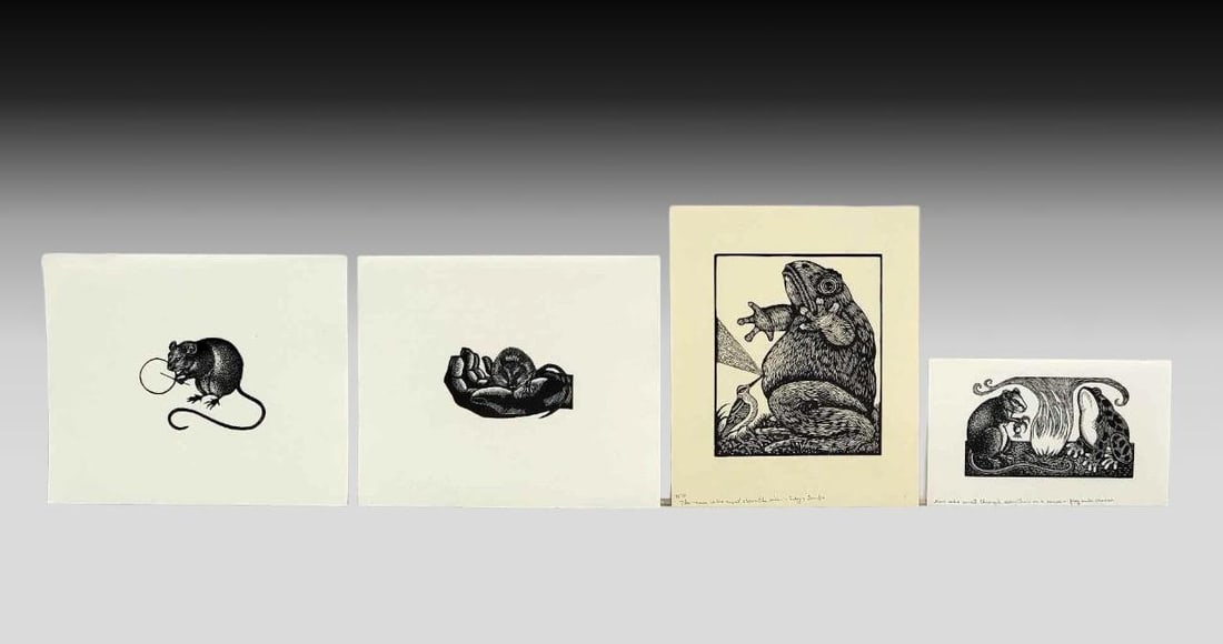 Dale De Armond "Drummer", "Little Mouse", Frog and Snipe" & "Frog and Mouse" Woodblock Prints: Four prints by Alaska artist Dale De Armond (1914-2006), the larger measuring approximately 9" x 7.5". Detailed information on each print, including a description in the artist's words, fo